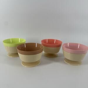 MCM Raffiaware Thermo-Temp Pedestal Sherbet Ice Cream Bowls Pastels 4 Vtg
